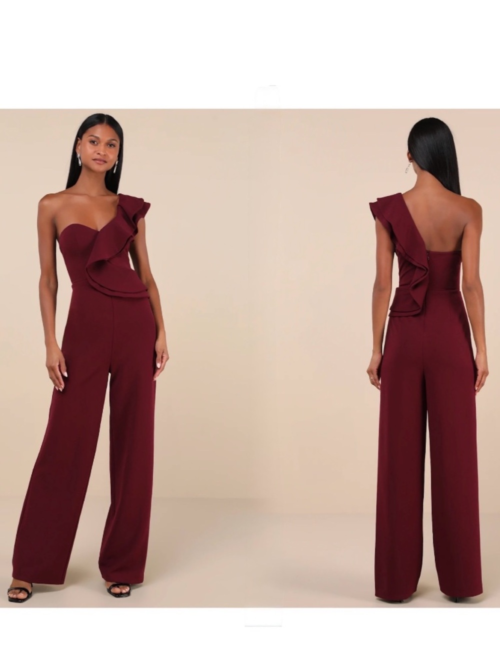 NWOT Lulus Kiss Me Again Burgundy Ruffled One-Shoulder Jumpsuit Xs
